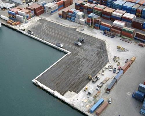 Arial photo of cargo containers at the Port of Miami.